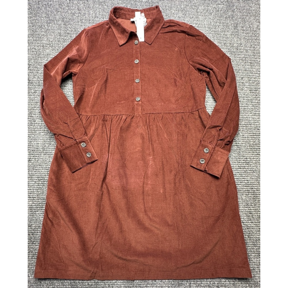 Nine West Dress Womens M Brown Corduroy Shirt Button Front Long Sleeve Pockets